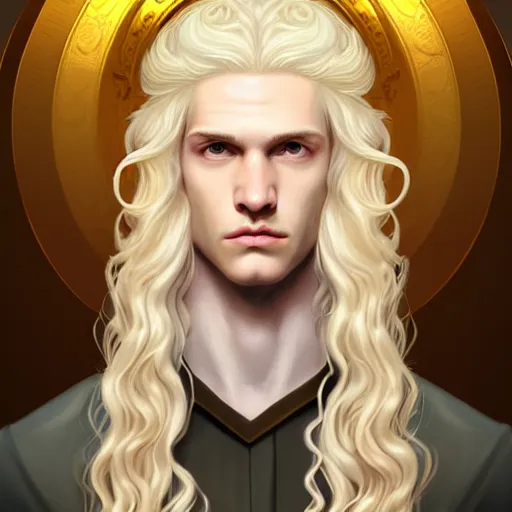 Prompt: Lucius the pale blond androgynous god of the sun, highly detailed, very very very long curly golden blond hair, baroque curls, curtain bangs, central parted fringe, extremely luscious curly blond hair, very very very pale white skin, digital painting, artstation, concept art, soft light, sharp focus, illustration