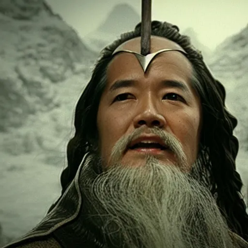 Prompt: a still from “ lord of the rings ” of a head and shoulders portrait of fei lung as a wizard with a wooden staff, photo by phil noto