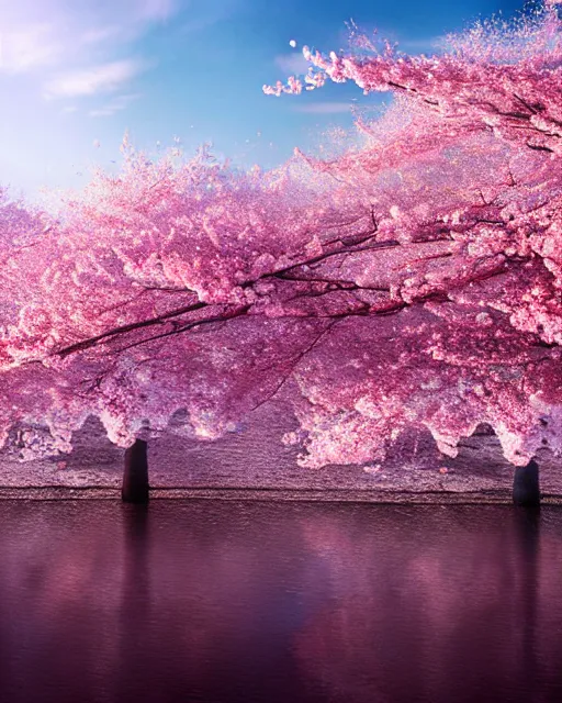 Image similar to hyperrealistic matte painting of cherry blossoms melting! goo! robert steven connett hard daylight 8k high angle shallow depth of field