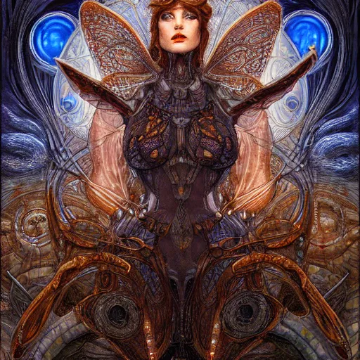 Prompt: realistic illustration of a beautiful rusted mechanical faerie queen with glowing eyes, moth wings with geometric patterns, reflective detailed textures, baroque dark fantasy science fiction painting by donato giancola and diego rivera and jean delville and moebius, silver and cool colors, artstation, octane render