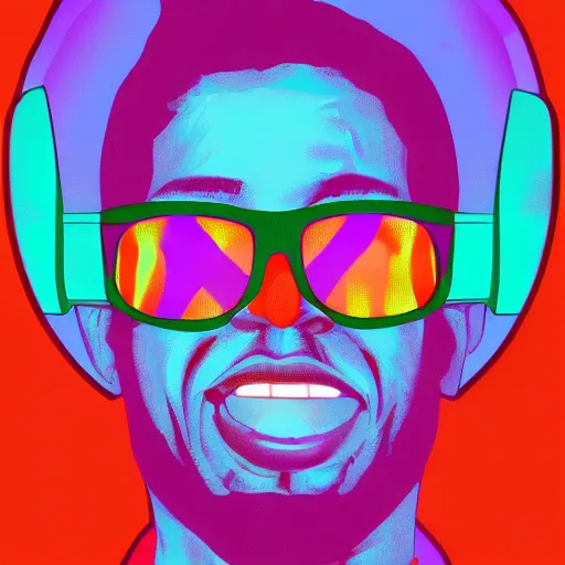 Prompt: cyberwave art of 33 year old slender mixed south African man with glasses and trimmed beard playing the drums, digital art in cyberwave style