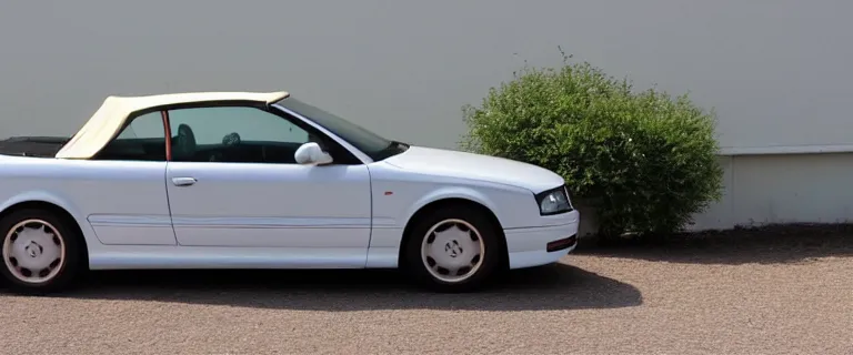 Prompt: Casablanca White Audi A4 B6 Avant Convertible (2002), soft top roof raised, red interior, created by Barclay Shaw