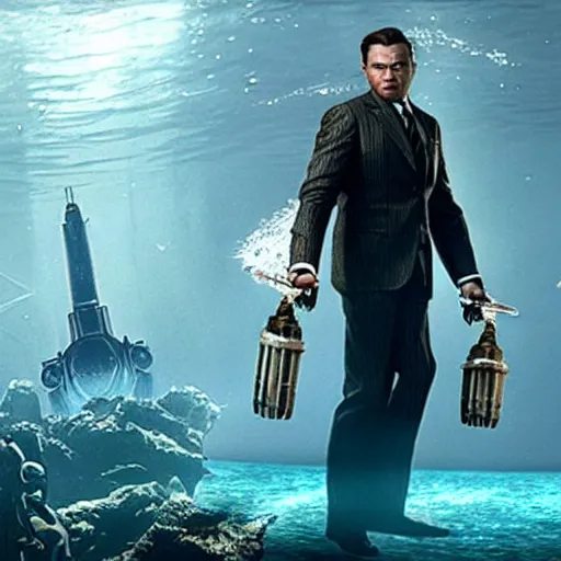 Image similar to cinematic photo of andrew ryan, portrayed by leonardo dicaprio, in a new live - action bioshock movie. the underwater city of rapture is seen shining in the background