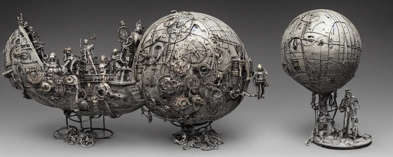 Prompt: steampunk concrete figurine ballonship designed by h. r. giger, architecture, painted by moebius, jean - michel charlier, oil painting, extremely detailed faces, intricate linework, smooth, super sharp focus, colorful, high contrast, matte