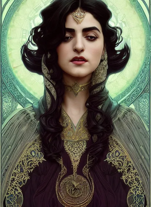 Prompt: centered portrait, Maya Ali as a D&D sorcerer, black hair, intricate robes, Art Nouveau, beautiful retro Fantasy heroine 1985, intricate, elegant, highly detailed, centered, digital painting, trending on artstation, concept art, smooth, sharp focus, illustration, art by raphael lacoste, eddie mendoza, Mucha, alex ross, WLOP