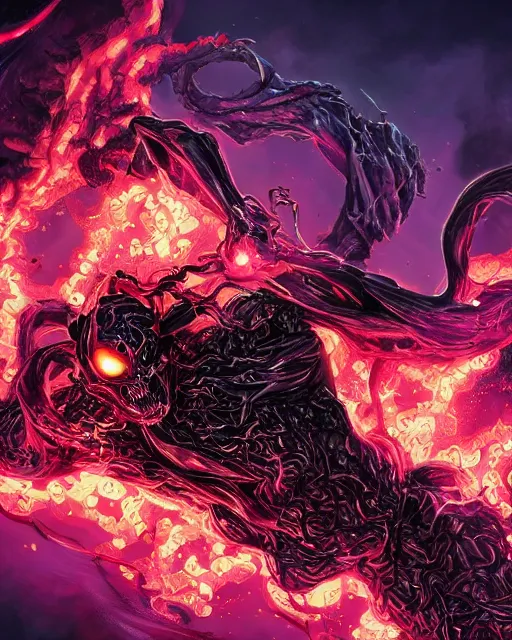 Image similar to ghost rider symbiote, purple and red variant, dynamic lighting, fantasy concept art, trending on art station, stunning visuals, creative, cinematic, ultra detailed, comic strip style