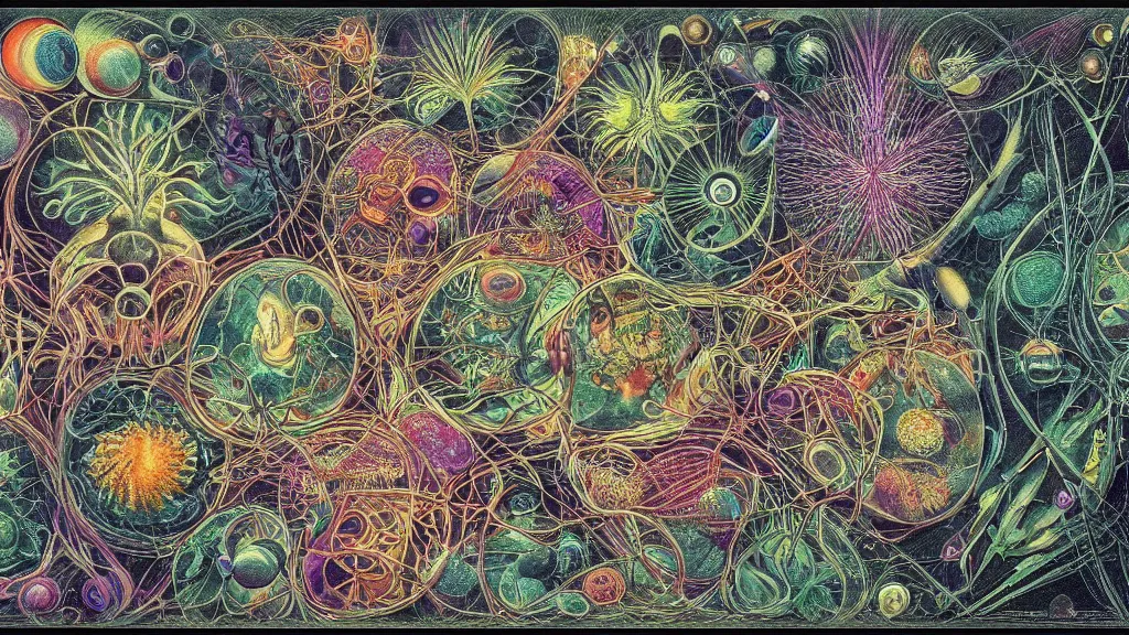 Image similar to quantum connections represented as symbiotic organisms like cells playing around with colorful lights by ernst haeckel, dark