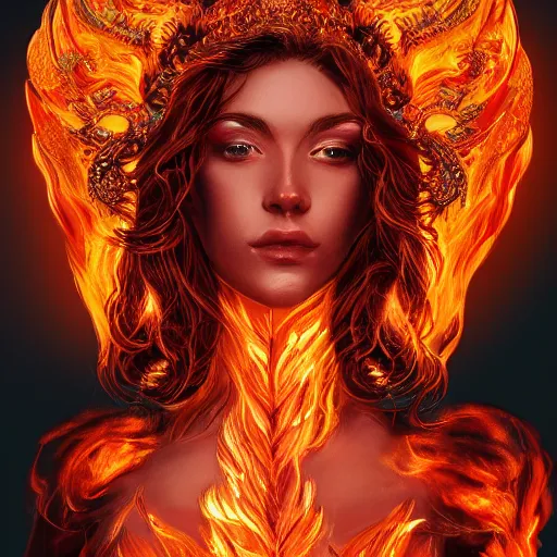 Image similar to A stunning portrait of a goddess, her body made of flames, 8K UHD, intricate, fantasy, Trending on artstation.