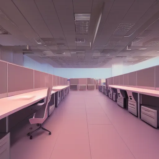 Image similar to sprawling office floor with cubicles,, in faded pink, morning fog, blue hour, archviz, cgi, trending on artstation, corona renderer, unreal engine, ray tracing, 3 ds max, cinematic, city in the background