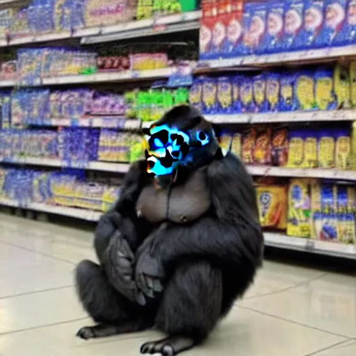 Prompt: photo of gorilla in walmart, cctv footage,