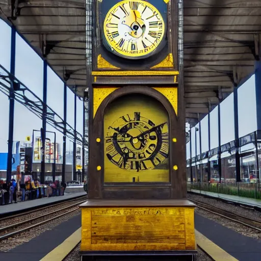 Prompt: gigant clock in front of a train