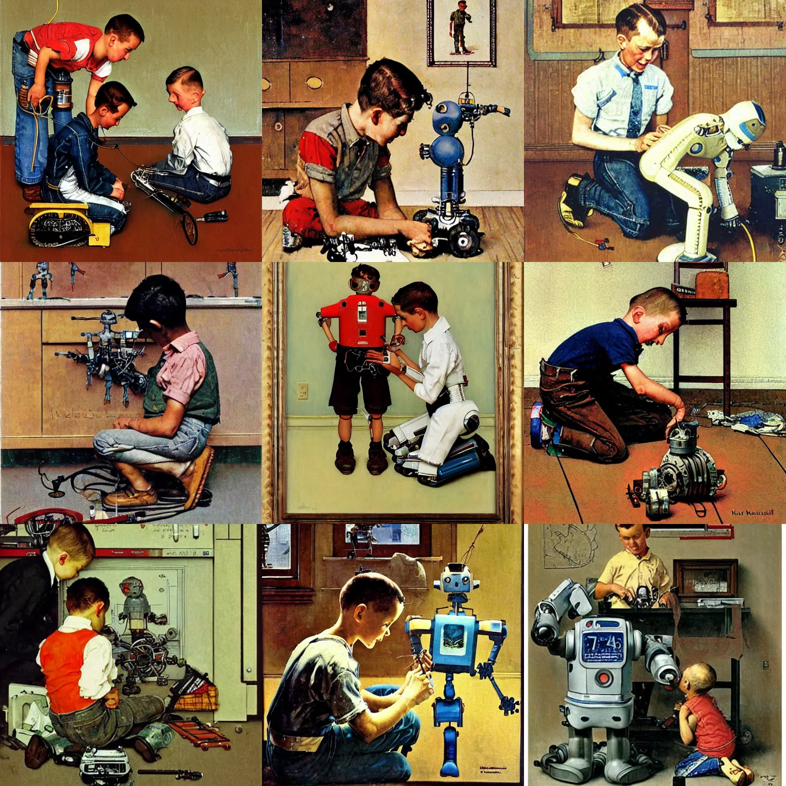 Image similar to a boy fixing his robot, painting by Norman Rockwell,