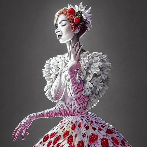 Image similar to the portrait of an absurdly beautiful, graceful, elegant, sophisticated, fashionable woman made of strawberries and white petals looking down, an ultrafine hyperdetailed illustration by kim jung gi, irakli nadar, intricate linework, bright colors, octopath traveler, final fantasy, unreal engine 5 highly rendered, global illumination, radiant light, detailed and intricate environment