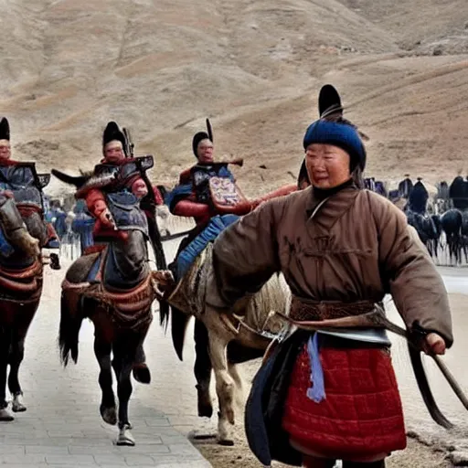 Prompt: mongol warriors walking with horses into a modern chinese city