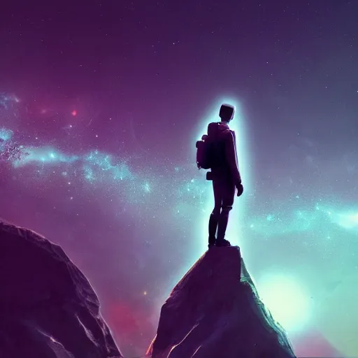 Prompt: man standing on the edge of the galaxy looking into an abyss, futuristic, stylistic, 4 k, digital art, trending on artstation