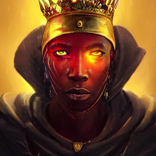 Prompt: a dark and ominous african moor with glowing eyes and a golden crown with a ruby crying tears of gold in a thunderstorm, Apex Legends character digital illustration portrait design, by android jones and greg rutkowski in a cyberpunk voodoo style, detailed, cinematic lighting, wide angle action dynamic portrait