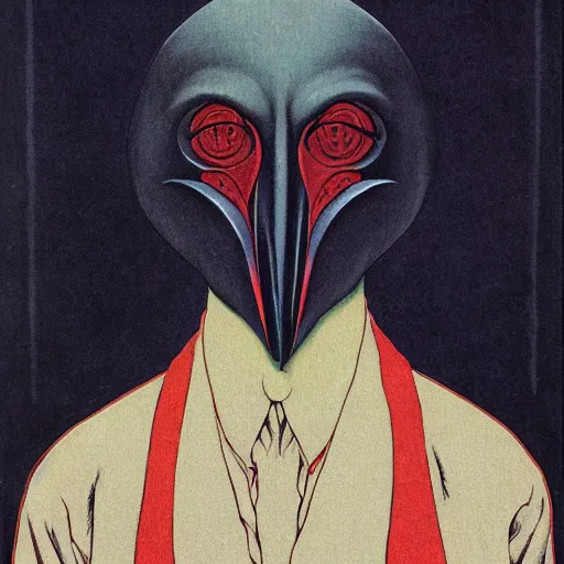 Prompt: portrait of gothic kenku, highly detailed, artstation, in the style of moebius, jugendstil and classic japanese print, art by rene magritte and jean delville