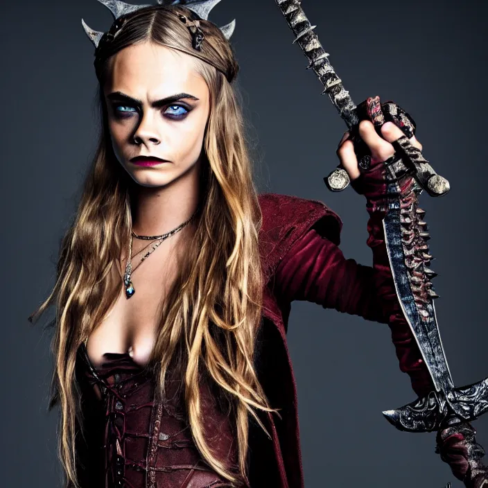Image similar to professional full length photograph of cara delevingne as a vampire warrior. Extremely detailed. 8k