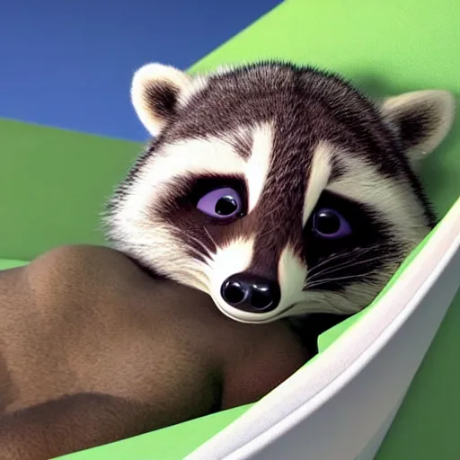 Prompt: a cute baby raccoon waearing a diaper in a sleeping bag and tent, 3d cgi, pixar adorable character art