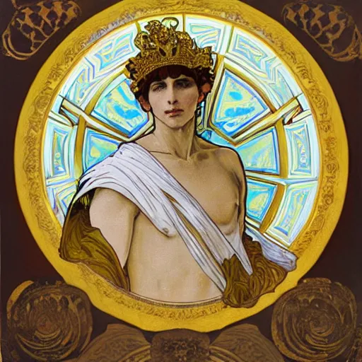 Image similar to an ornate white and gold acrylic painting of a roman emperor, in the style of alphonse mucha