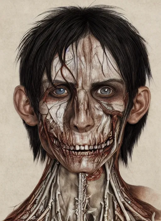 Prompt: portrait of Eren Yeager, the founding Titan with translucent skin, visible muscles and veins and arteries and bones and spines and nerves, beautiful detailed intricate insanely detailed octane render, 8k artistic photography, photorealistic, chiaroscuro, by David Cronenberg, Raphael, Caravaggio