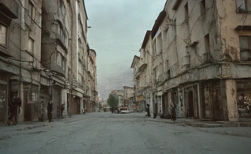 Prompt: movie still of a soviet street from Sarajevo in 1960s , Cinestill 800t 18mm