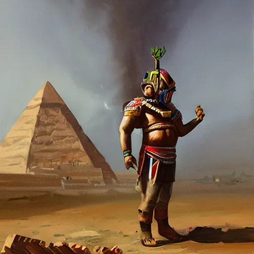 Image similar to simonetti rutkowski painting aztec warrior watching alien spaceship arriving to pyramid