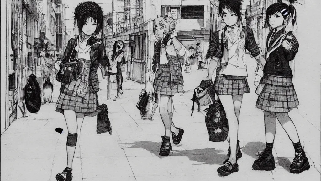 Image similar to cute schoolgirl walk in ghetto, in style of katsuya terada,