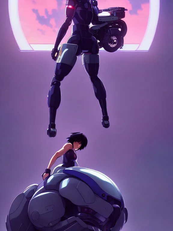 Image similar to a fullbody portrait of motoko kusanagi riding on top of a tachikoma, the major ghost in the shell : : stand alone complex, under repairs, maintenance : : by ilya kuvshinov, rossdraws, artgerm, sola digital arts, anti aliasing, raytracing : :