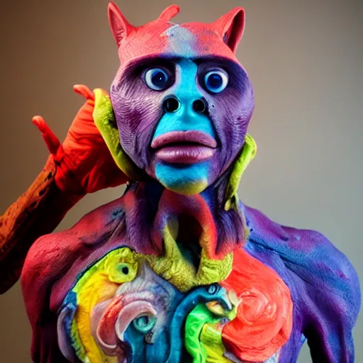 Prompt: portrait photo of polymer clay creature sculpture, jordu schell, cassey love, rick baker, 4 k
