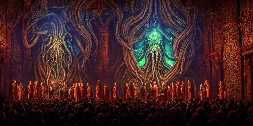Image similar to portrait of circle group of priests invoking ritual in front of a giant cthulhu, intricate, glowing lights, highly detailed, sharp focus, wide - angle, atmospheric lighting, rich deep colors masterpiece, volumetric lighting, beautiful, rich deep colors masterpiece, sharp focus, ultra detailed by leesha hannigan, thierry doizon, kai carpenter