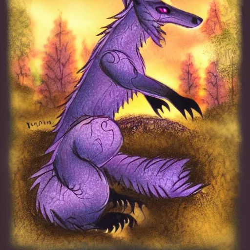 Image similar to black fox dragon hybrid with purple eyes, in a fantasy forest scene at sunset