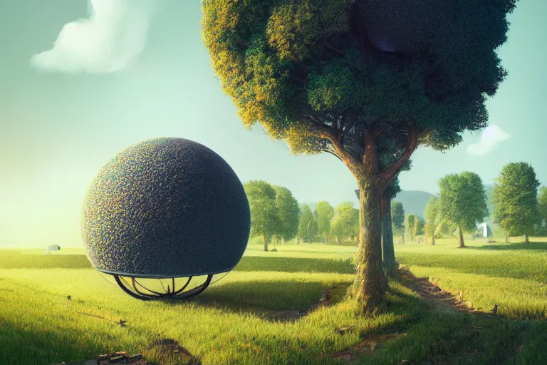 Image similar to peaceful day in farmer village with spherical psychodelic anomaly, trees, houses, fields, elegant, highly detailed, smooth, photoreal, sharp focus, illustration, beautiful, geometric, dmt trending on artstation, cinematic, artwork by WLOP