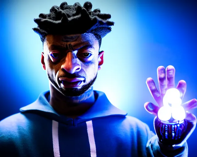 Image similar to 2 8 mm closeup portrait of 2 1 savage top fragging in his live action video game, pipes, wires, dramatic lighting, octane, blue lights, lens flare, industrial, dirty, trending on artstation, golden ratio, h. r. giger, mist, action, volumetric lighting