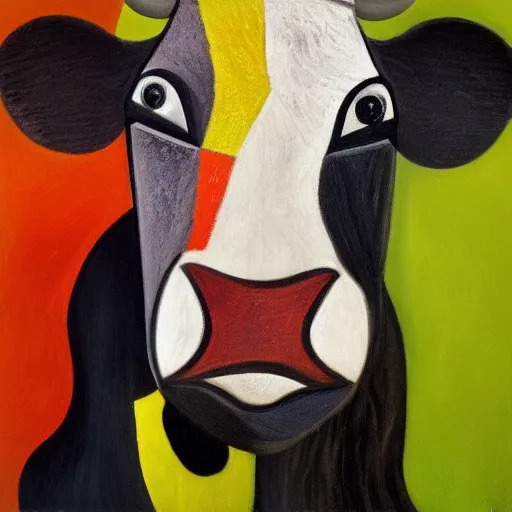 Prompt: Intricate five star cow facial portrait by Pablo Picasso, oil on canvas, high detail, matte finish, high contrast, 3d depth, masterpiece, vivid colors, artstationhd