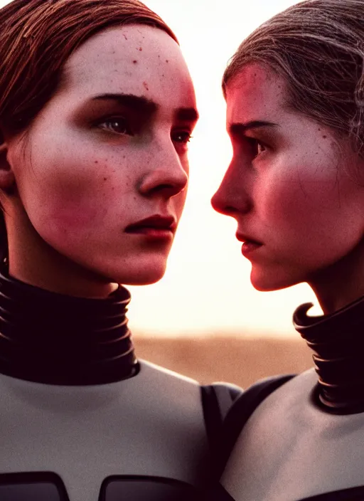 Prompt: cinestill 5 0 d photographic portrait of two loving female androids wearing rugged black techwear on a desolate plain with a red sky, showing some skin, extreme closeup, modern cyberpunk, dust storm, 8 k, hd, high resolution, 3 5 mm, f / 3 2, ultra realistic faces, ex machina, blade runner