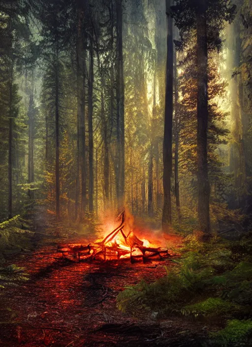 Image similar to cinematic shot epic forest, hyper realistic, mood lighting, fantasy, detailed campfire, highly detailed, super realistic, perfect lighting pixel sorting, style sheet