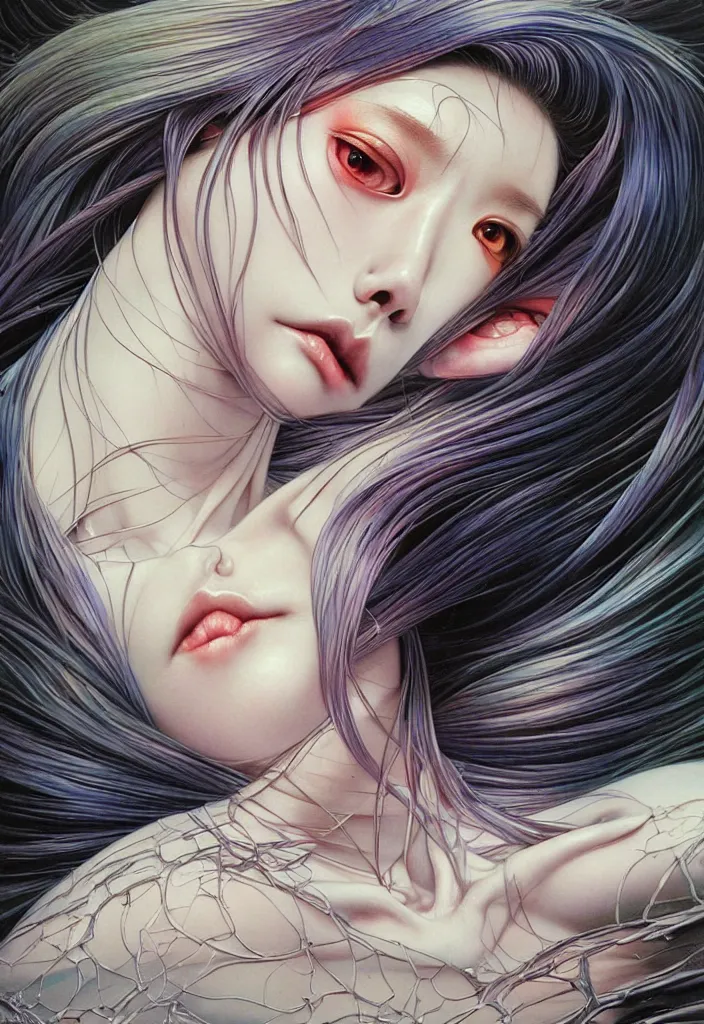 Prompt: low angle, shot from below, highly detailed and textured painting of a deformed portrait, emotionally expressive, iridescent material colour palette, masterpiece by yoshitaka amano by yukito kishiro by artgerm