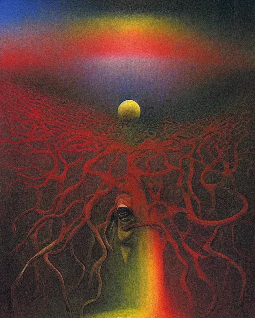 Image similar to dynamic complexity by beksinski, carrington, bosch, dali, barlowe, magritte, pagan bright multirainbow color surrealism