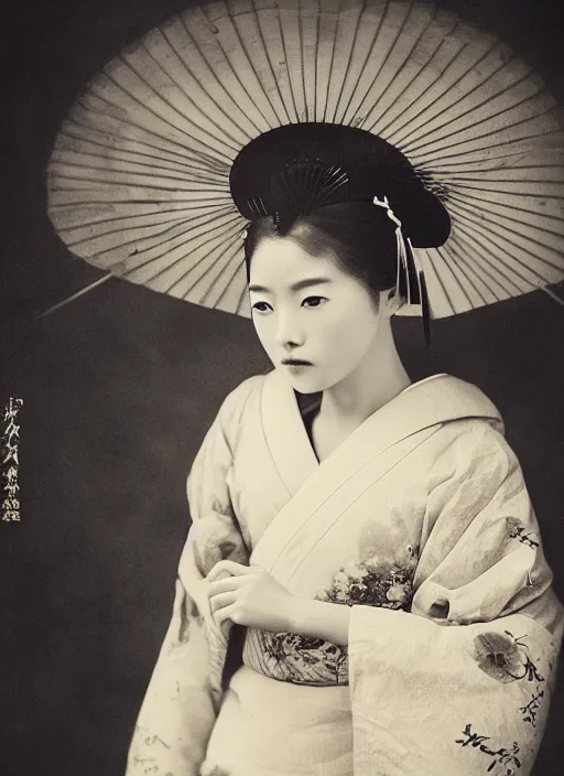 Prompt: a wet plate portrait of a young asiatic woman, geisha, traditional dress, flowers, photorealistic, cinematic light, highly detailed, smooth, sharp focus, illustration, shallow depth of field