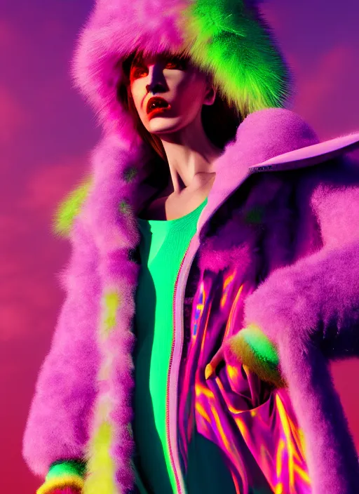 Image similar to coat for a rave, bright colors, many details, prints, photo for a magazine, photo for a store, fashion photography, Vogue, 135 mm, cinematic, hyper realism, high detail, octane render, 8k, chrome accents