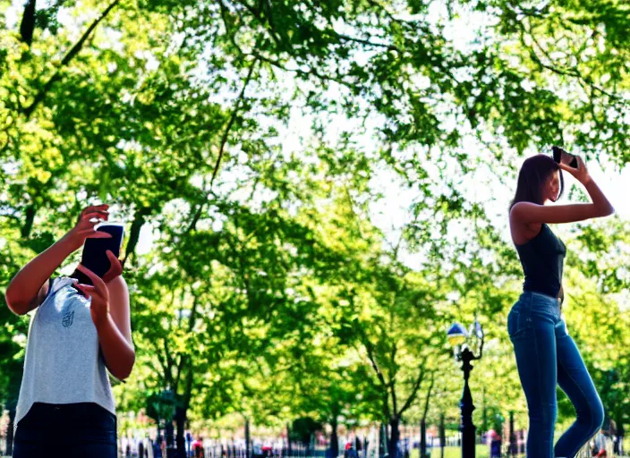 Image similar to photo still of a bronze statue of a woman using an iphone to take a selfie in a park on a bright sunny day, 8 k 8 5 mm f 1 6