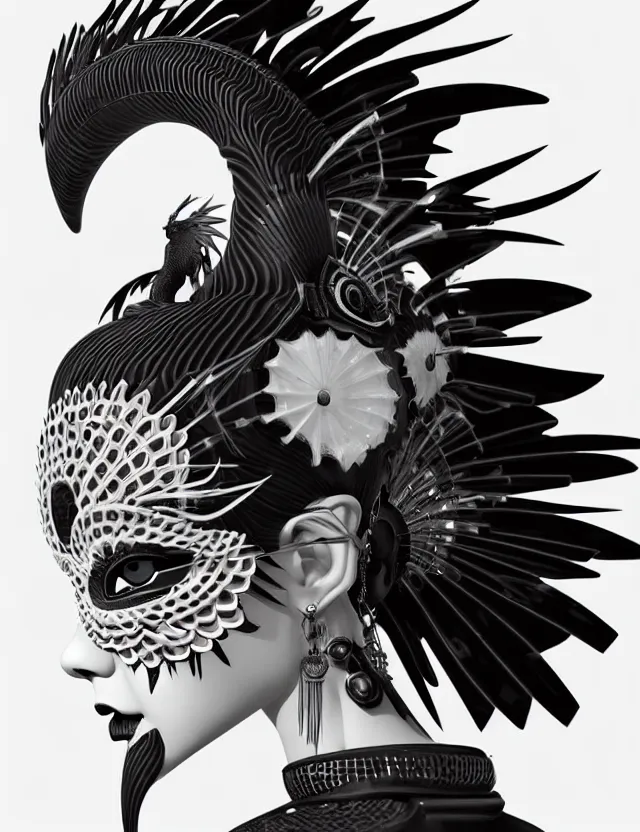 Image similar to 3 d goddess close - up profile simple portrait punk with mohawk with ram skull. beautiful intricately detailed japanese crow kitsune mask and clasical japanese kimono. betta fish, jellyfish phoenix, bio luminescent, plasma, ice, water, wind, creature, artwork by tooth wu and wlop and beeple and greg rutkowski