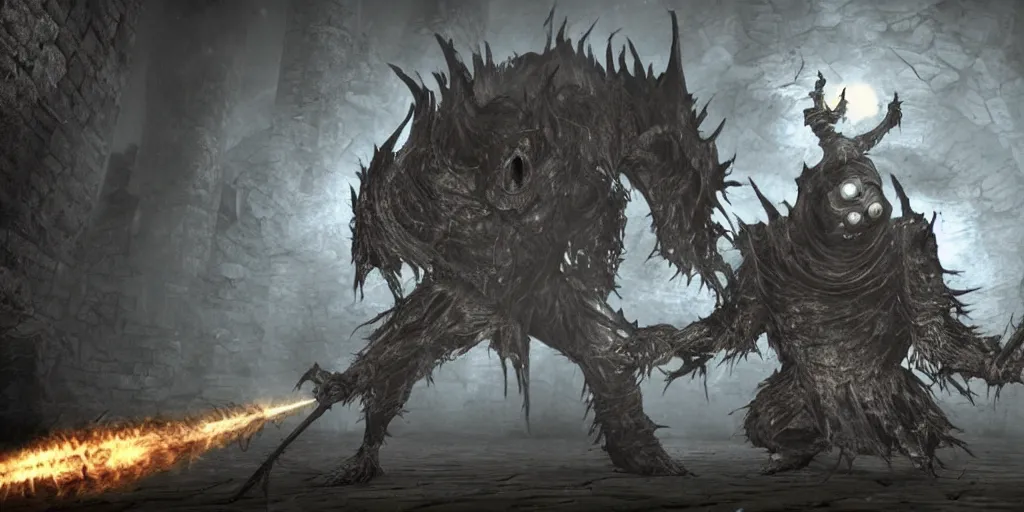 Image similar to minion as a darksouls boss, horror, hd, screenshot,