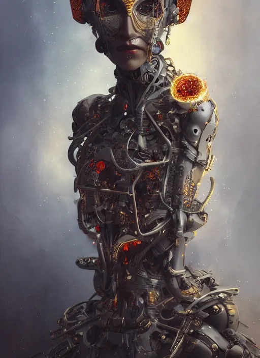 Image similar to portrait of a futuristic geisha cyborg, ex machina, goddess of hellfire, kintsugi, modern fine art, fractal, intricate, elegant, highly detailed, digital photography, subsurface scandering, by jheronimus bosch and greg rutkowski,