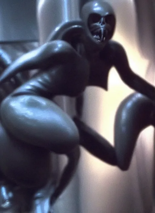 Image similar to cinematic film still of kim kardashian pushed against a wall by an xenomorph in Alien.