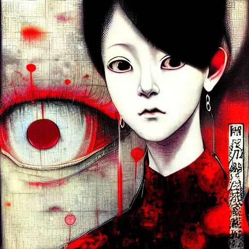 Image similar to yoshitaka amano blurred and dreamy realistic three quarter angle horror portrait of a sinister young woman with short hair, big earrings and red eyes wearing office suit with tie, junji ito abstract patterns in the background, satoshi kon anime, noisy film grain effect, highly detailed, renaissance oil painting, weird portrait angle, blurred lost edges