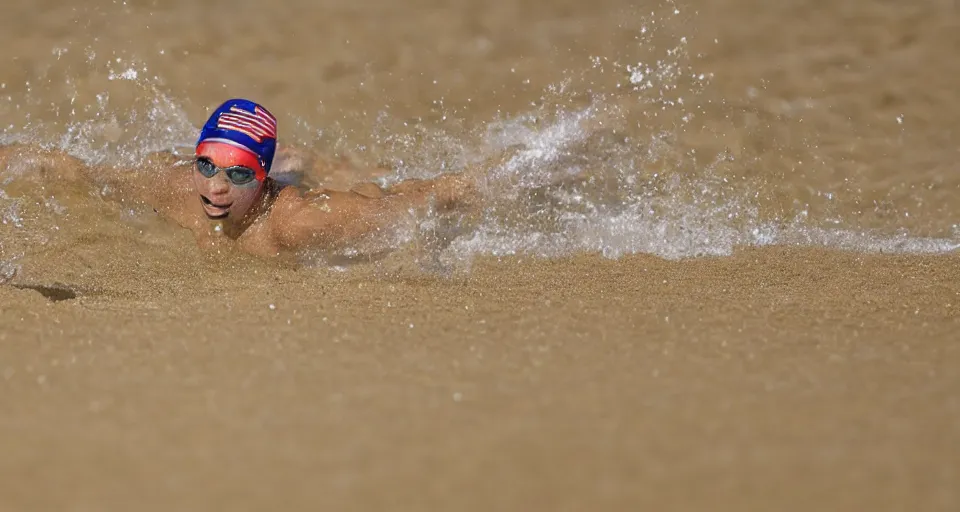 Image similar to olympic swimming in sand instead of water, extremely coherent, motion blur