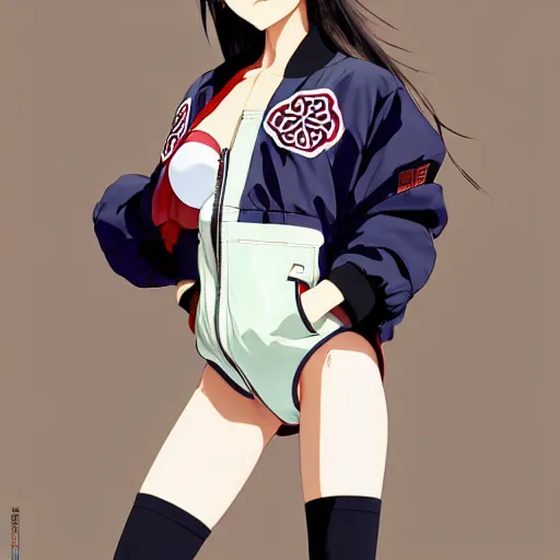 Image similar to a beautiful japanese natalie portman gravure model, wearing oversized native designer bomber jacket and leotard with overalls, bulky poofy bomber jacket with mesoamerican patterns, mesoamerican native street fashion, gapmoe yandere grimdark, trending on pixiv fanbox, painted by greg rutkowski makoto shinkai takashi takeuchi studio ghibli, akihiko yoshida