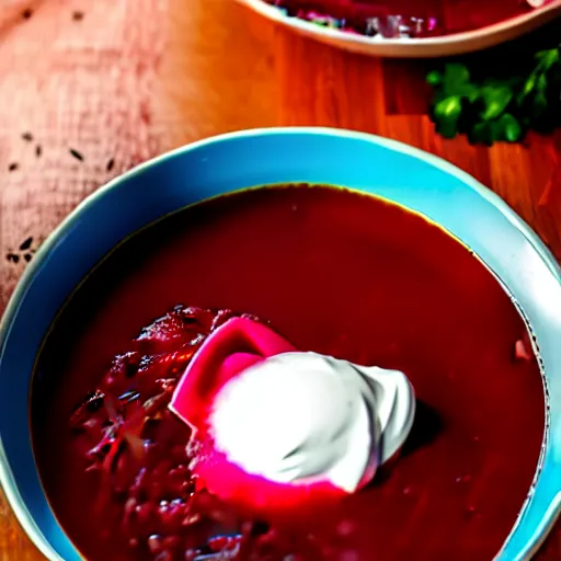 Image similar to a bowl of borscht wearing anime cat ears, award winning food photo, 4 k, delicious, polish food, high quality